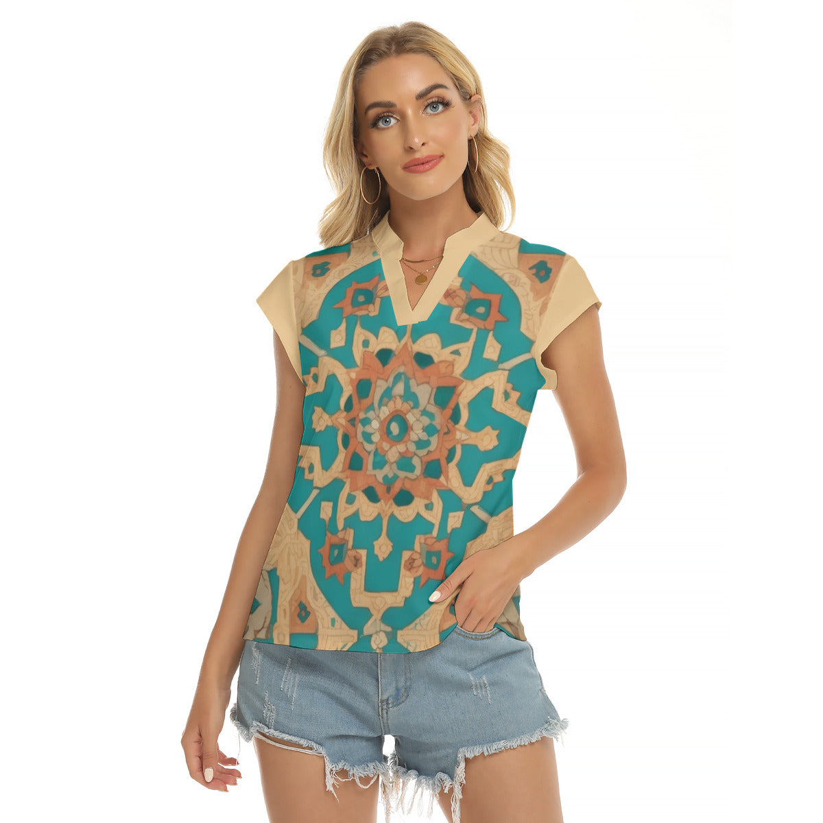 Turquoise -- Women's Stacked V-neck Short Sleeve Blouse