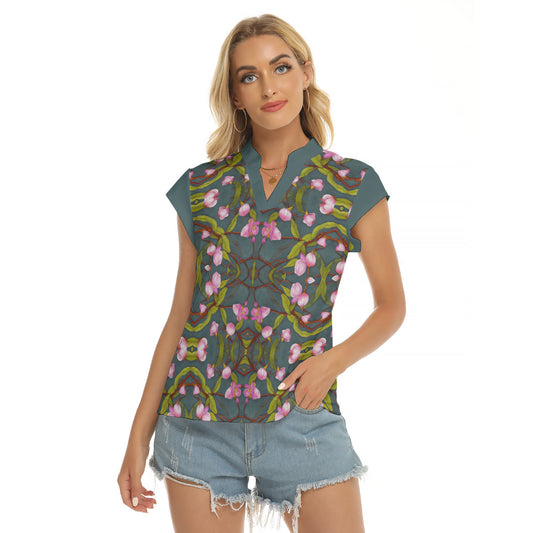 Honeysuckle Too -- Women's Stacked V-neck Short Sleeve Blouse