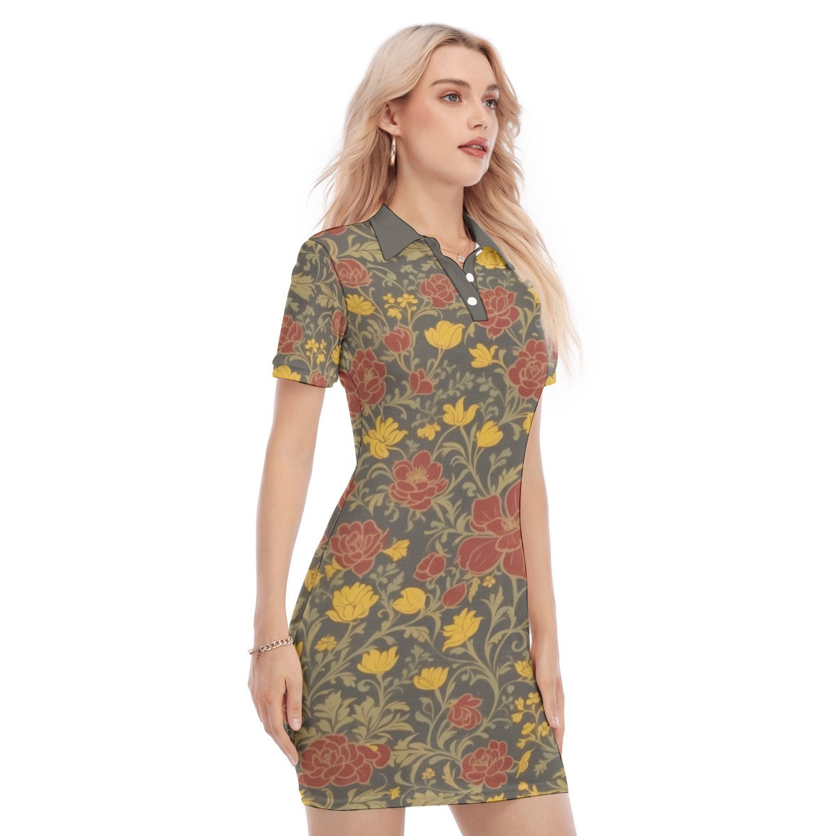 Red & Yellow Flowers -- Women's Polo Collar Dress