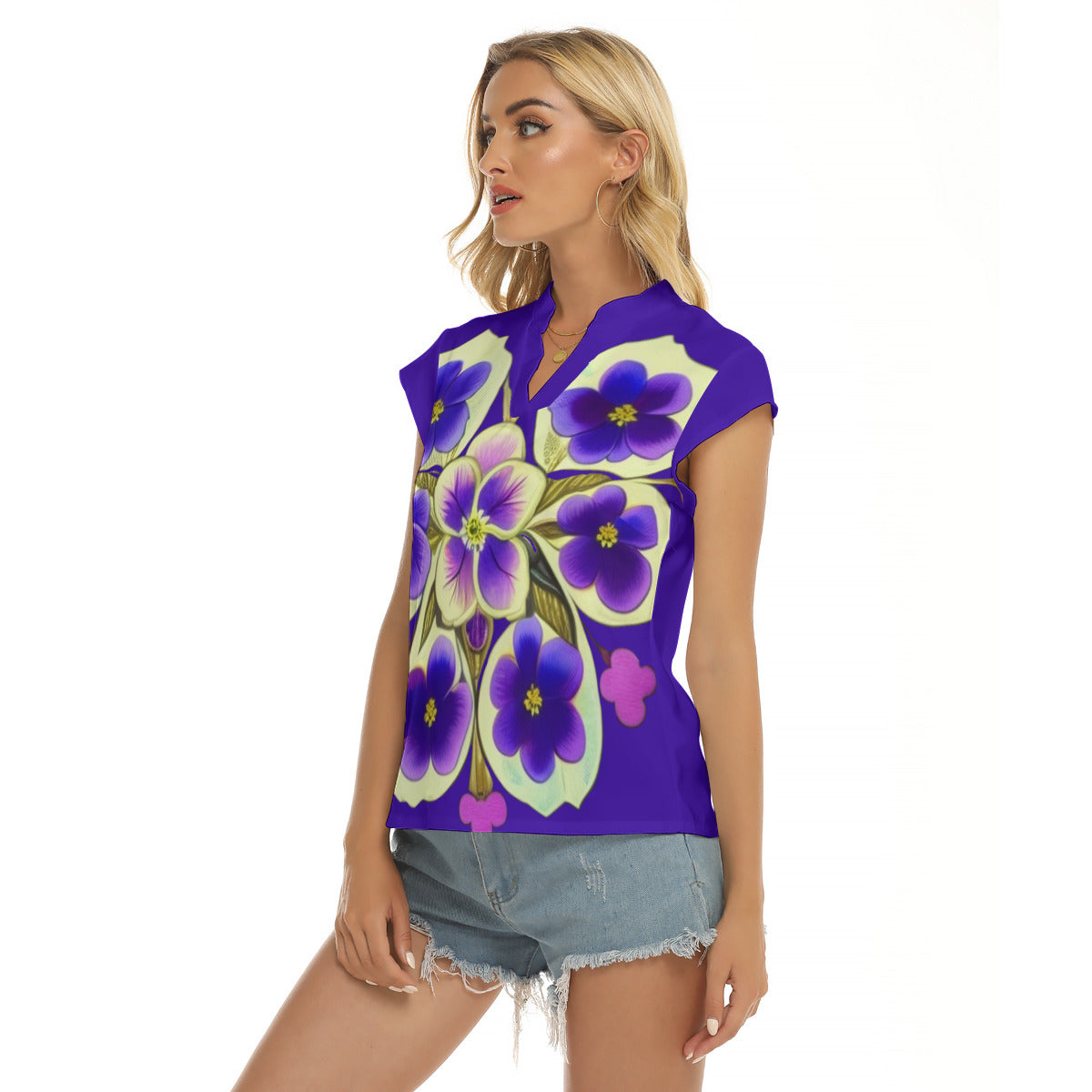 Violet Crest -- Women's Stacked V-neck Short Sleeve Blouse