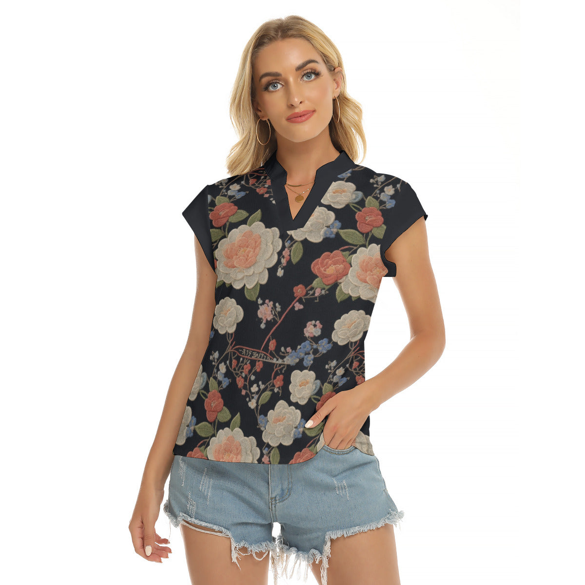 Embroidery Print -- Women's Stacked V-neck Short Sleeve Blouse