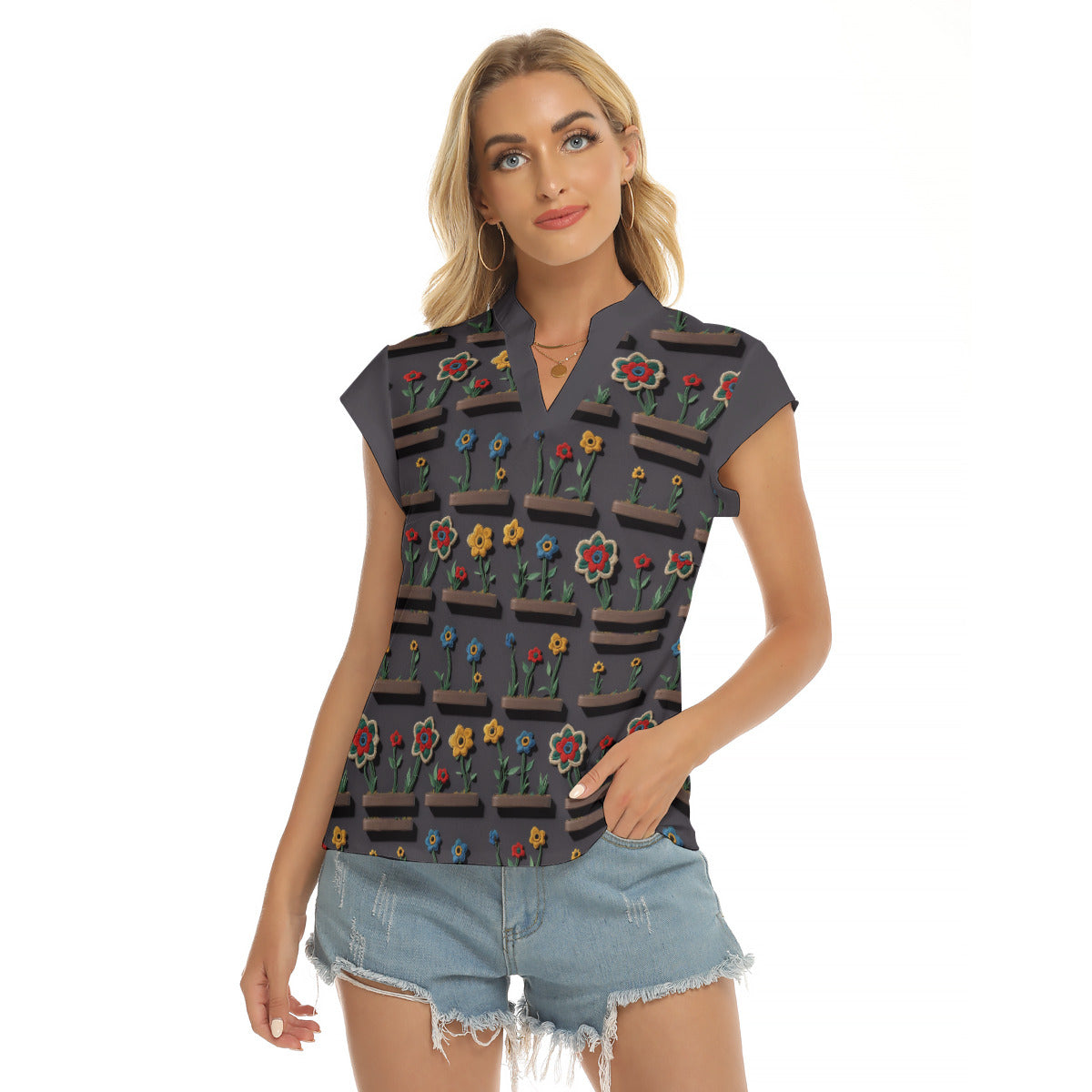 Flowers -- Women's Stacked V-neck Short Sleeve Blouse