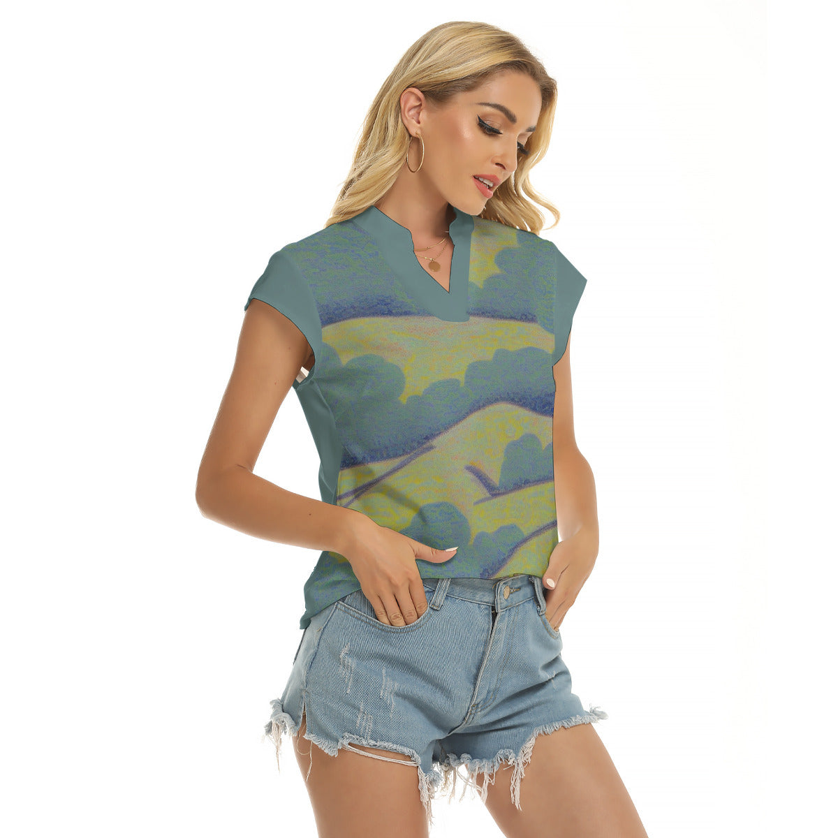 Rolling Hills -- Women's Stacked V-neck Short Sleeve Blouse