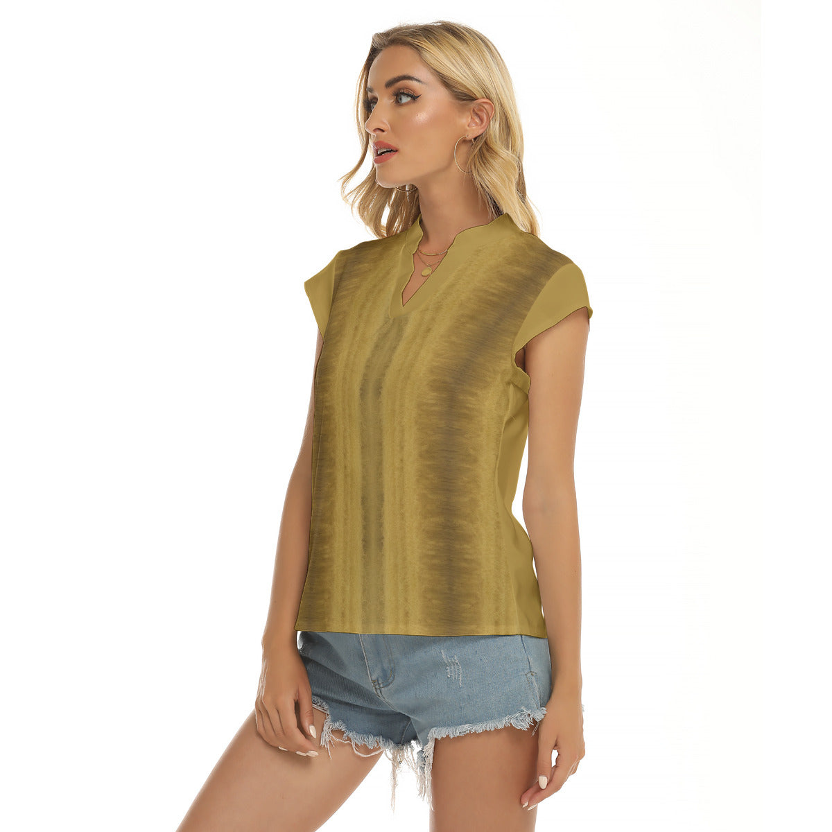 Wheat -- Women's Stacked V-neck Short Sleeve Blouse