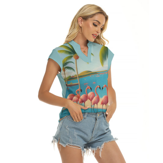 Flamingos -- Women's Stacked V-neck Short Sleeve Blouse