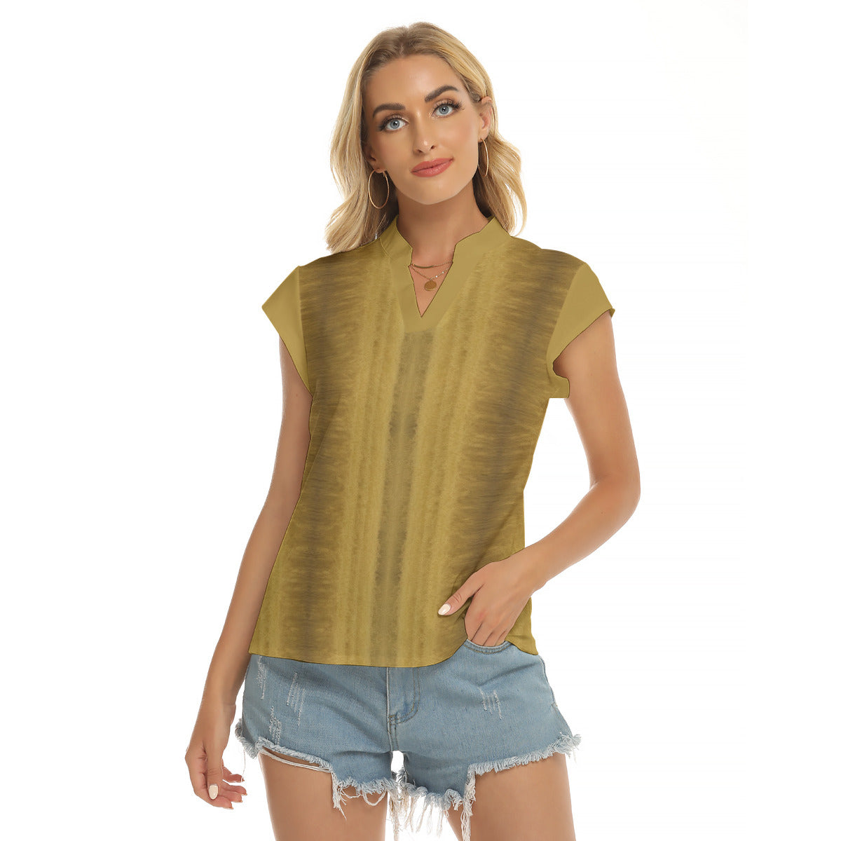 Wheat -- Women's Stacked V-neck Short Sleeve Blouse