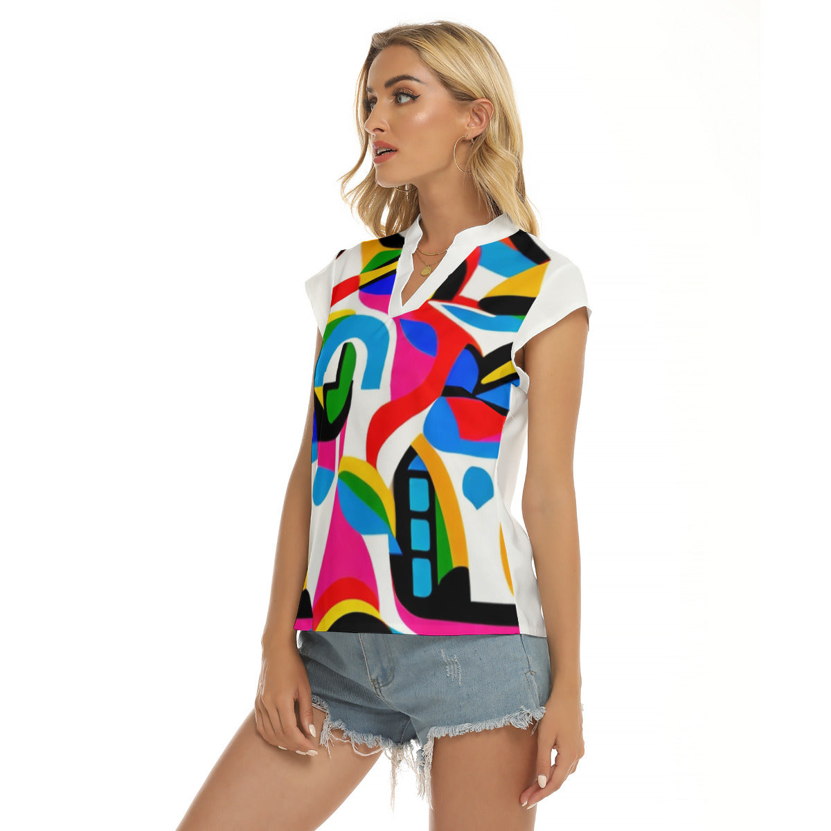 Fun -- Women's Stacked V-neck Short Sleeve Blouse