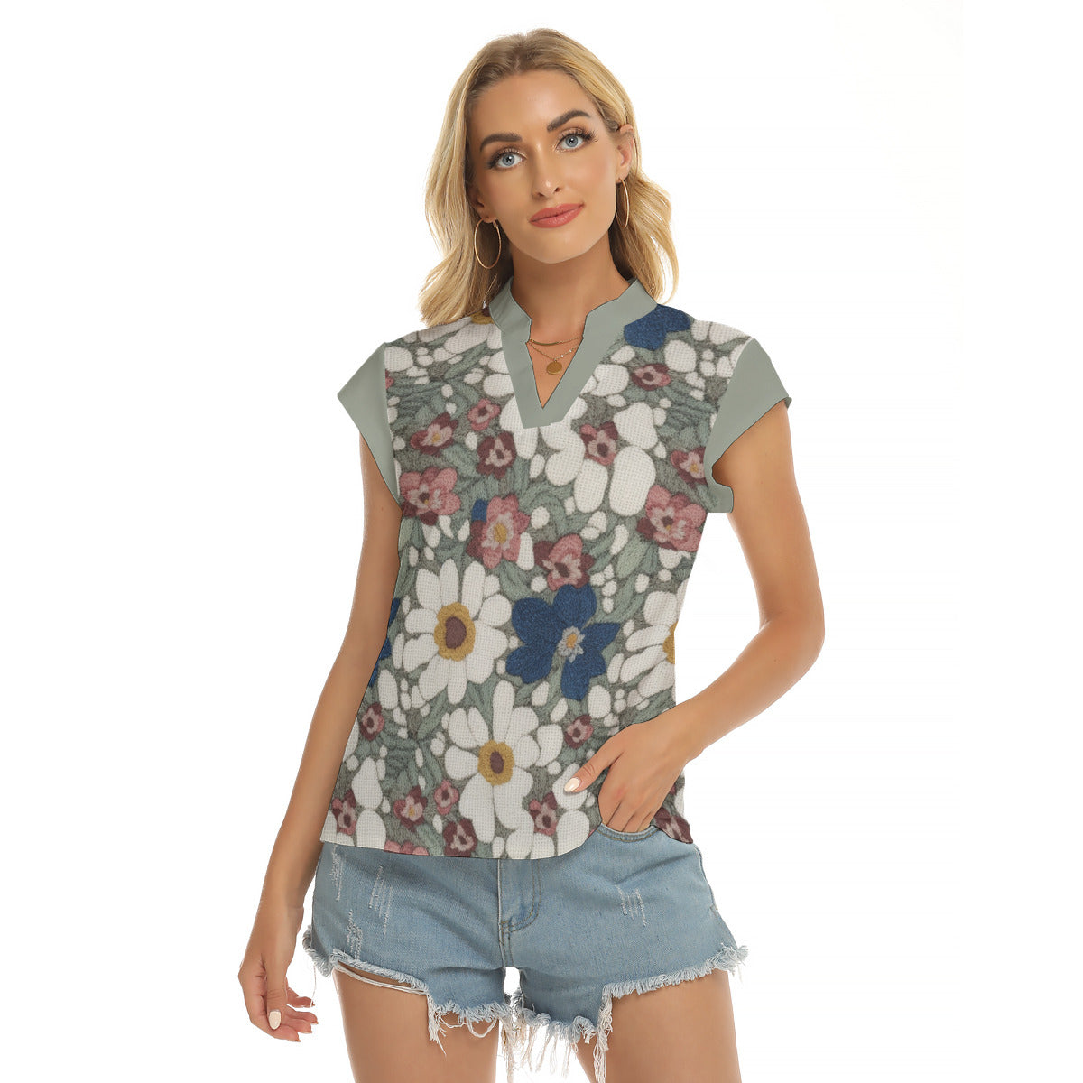 Needlepoint Print -- Women's Stacked V-neck Short Sleeve Blouse