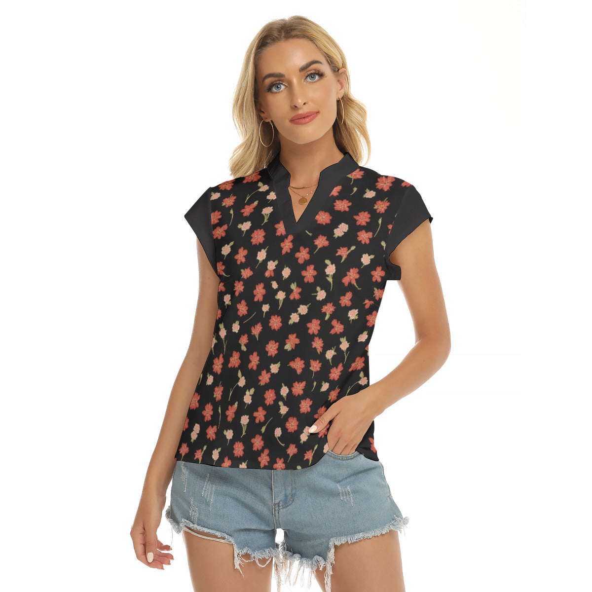 Flowers Too -- Women's Stacked V-neck Short Sleeve Blouse