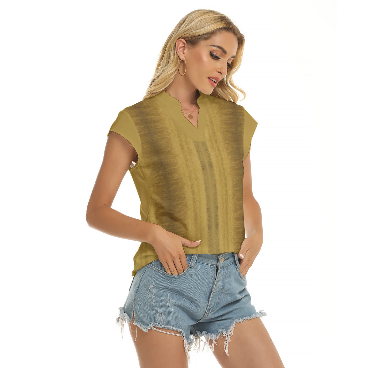 Wheat -- Women's Stacked V-neck Short Sleeve Blouse