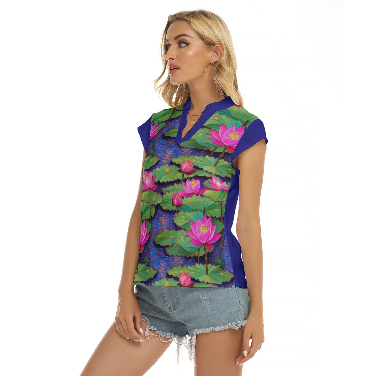 Lotus -- Women's Stacked V-neck Short Sleeve Blouse