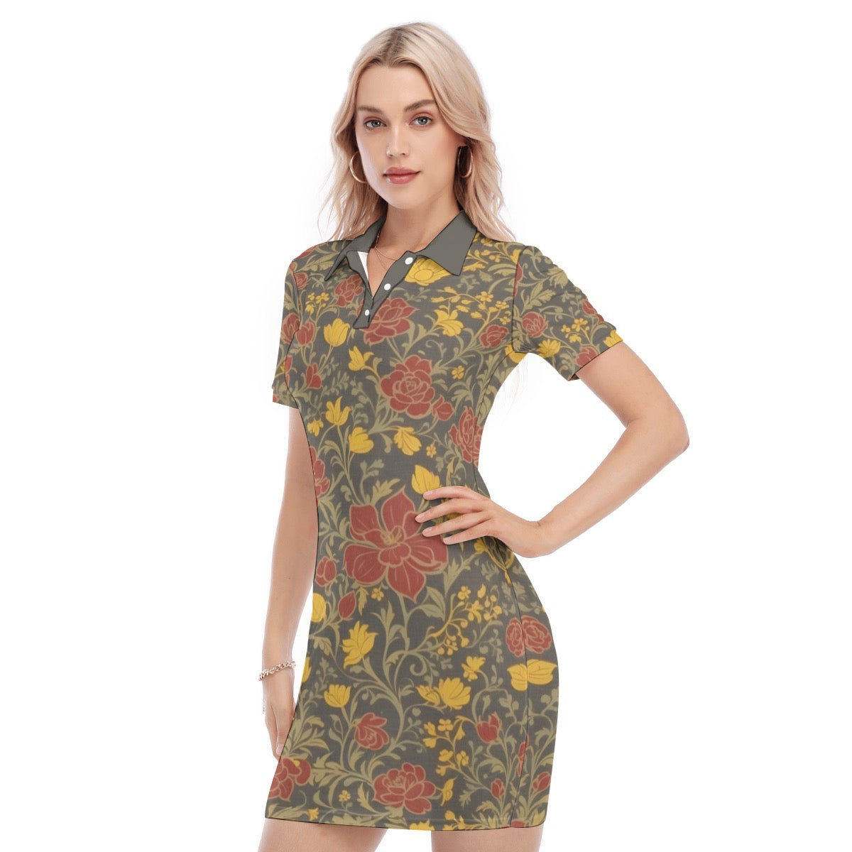 Red & Yellow Flowers -- Women's Polo Collar Dress