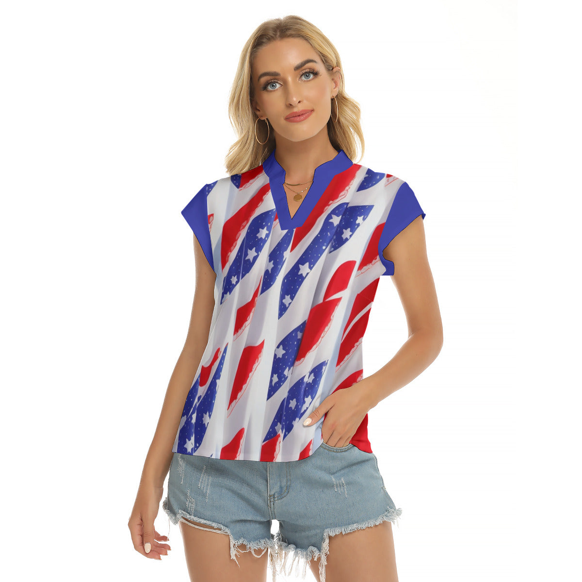 4th Also -- Women's Stacked V-neck Short Sleeve Blouse