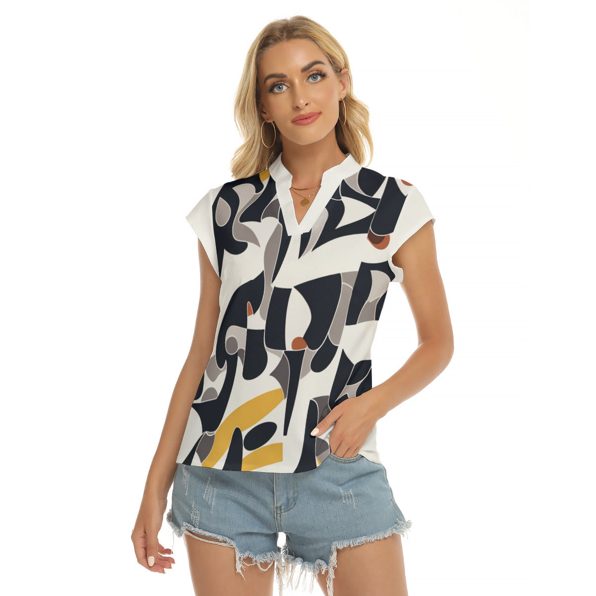 Modern -- Women's Stacked V-neck Short Sleeve Blouse