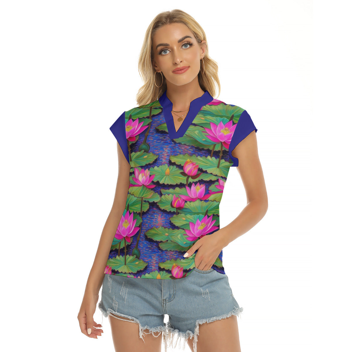 Lotus -- Women's Stacked V-neck Short Sleeve Blouse