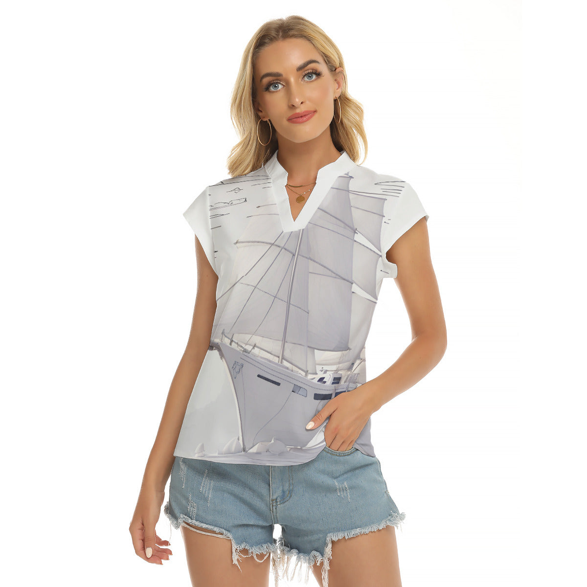 Explore -- Women's Stacked V-neck Short Sleeve Blouse