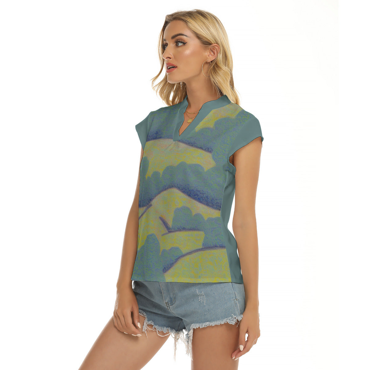 Rolling Hills -- Women's Stacked V-neck Short Sleeve Blouse