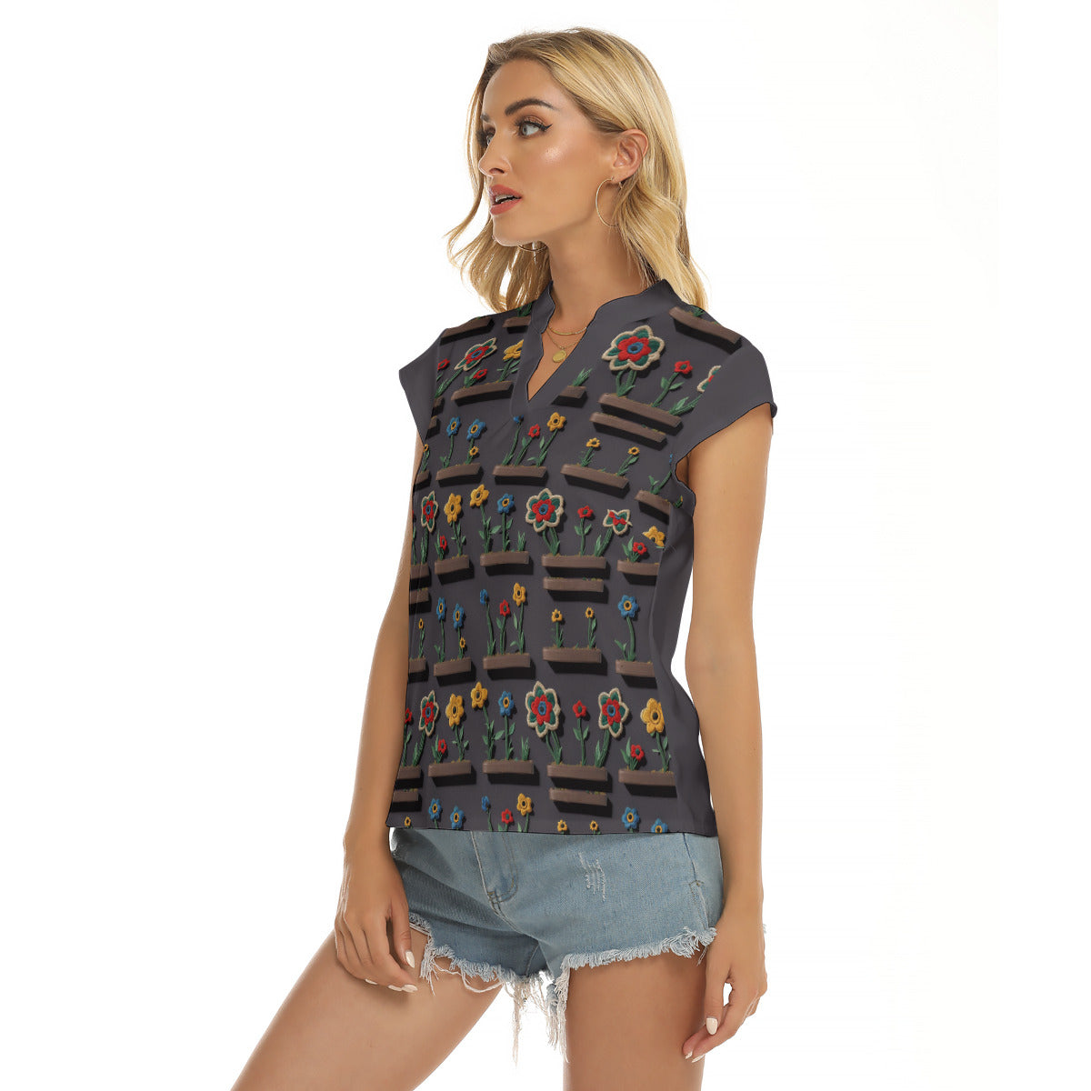 Flowers -- Women's Stacked V-neck Short Sleeve Blouse