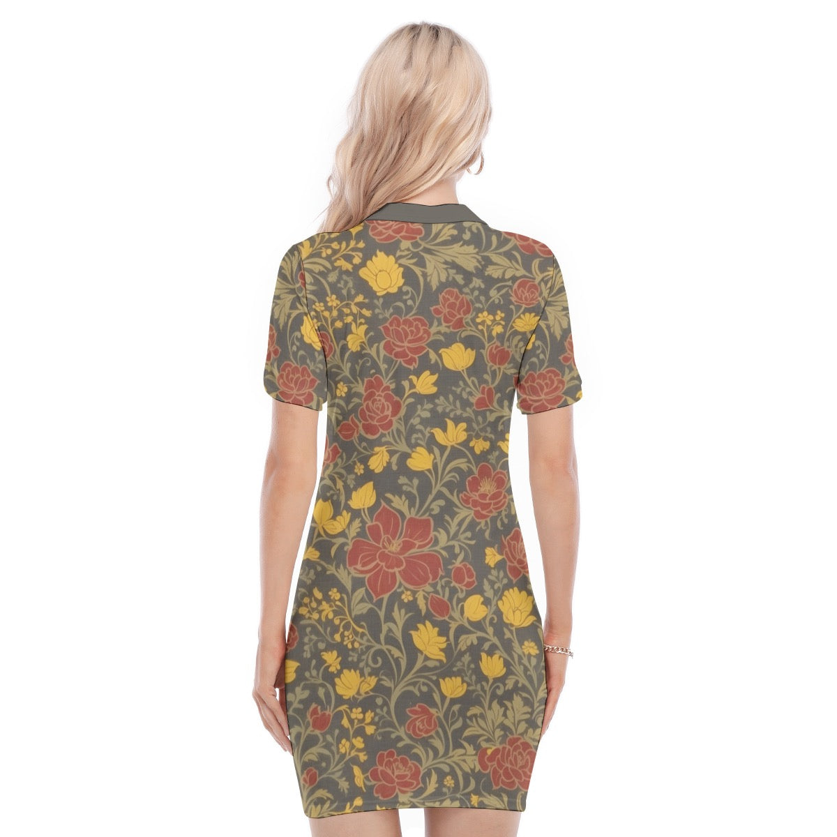 Red & Yellow Flowers -- Women's Polo Collar Dress